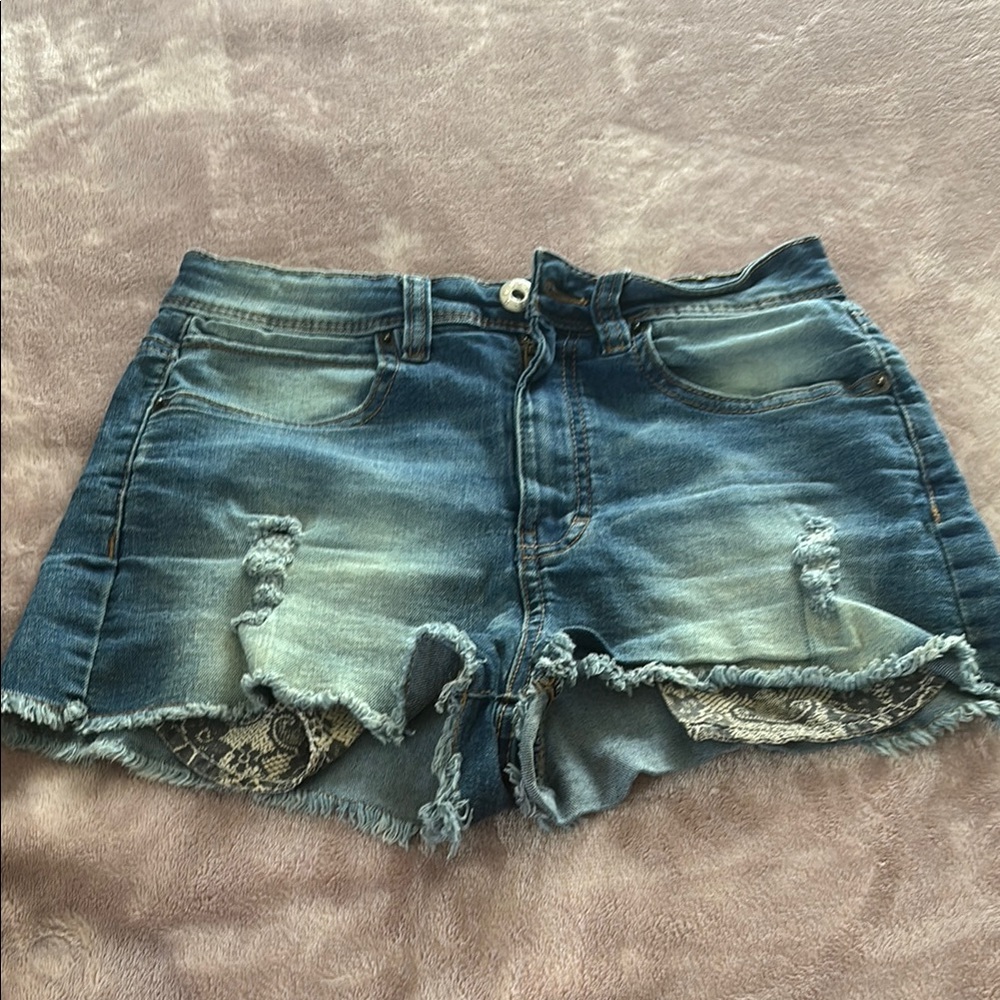 Blue Distressed Jean Shorts with Frayed Hem